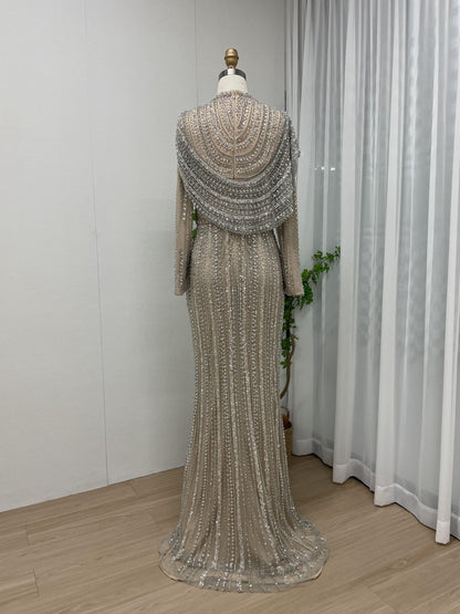 Luxury Haute Couture Beading Long Sleeve Muslim Evening Dress MB40149