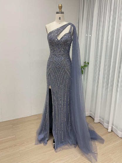 Magnificent High Split One Shoulder Couture Beading Evening Dress MB40152