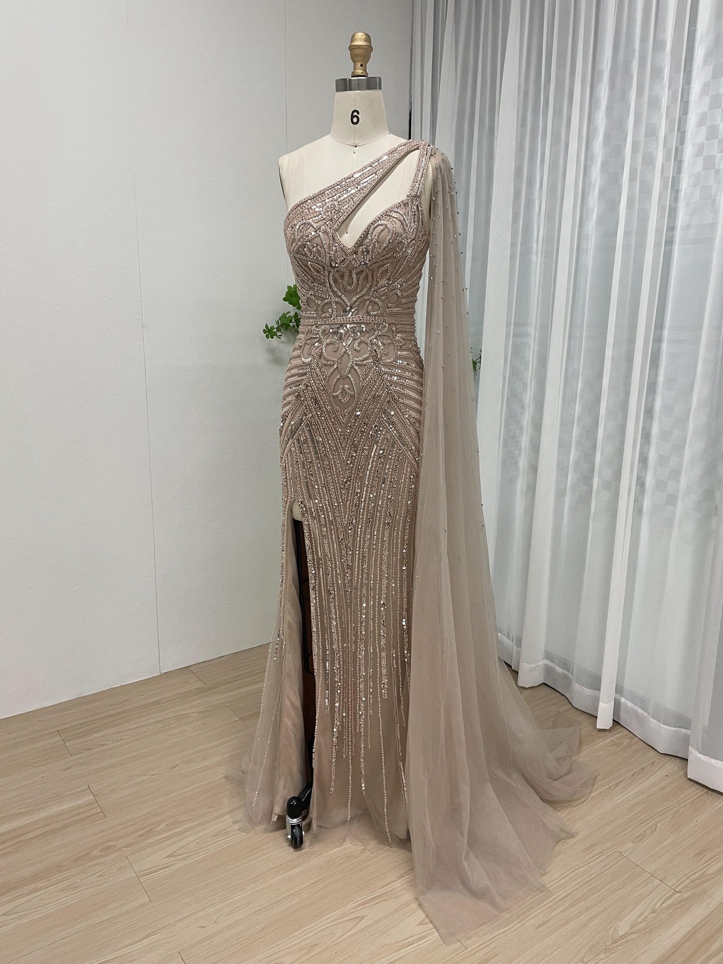 Magnificent High Split One Shoulder Couture Beading Evening Dress MB40152