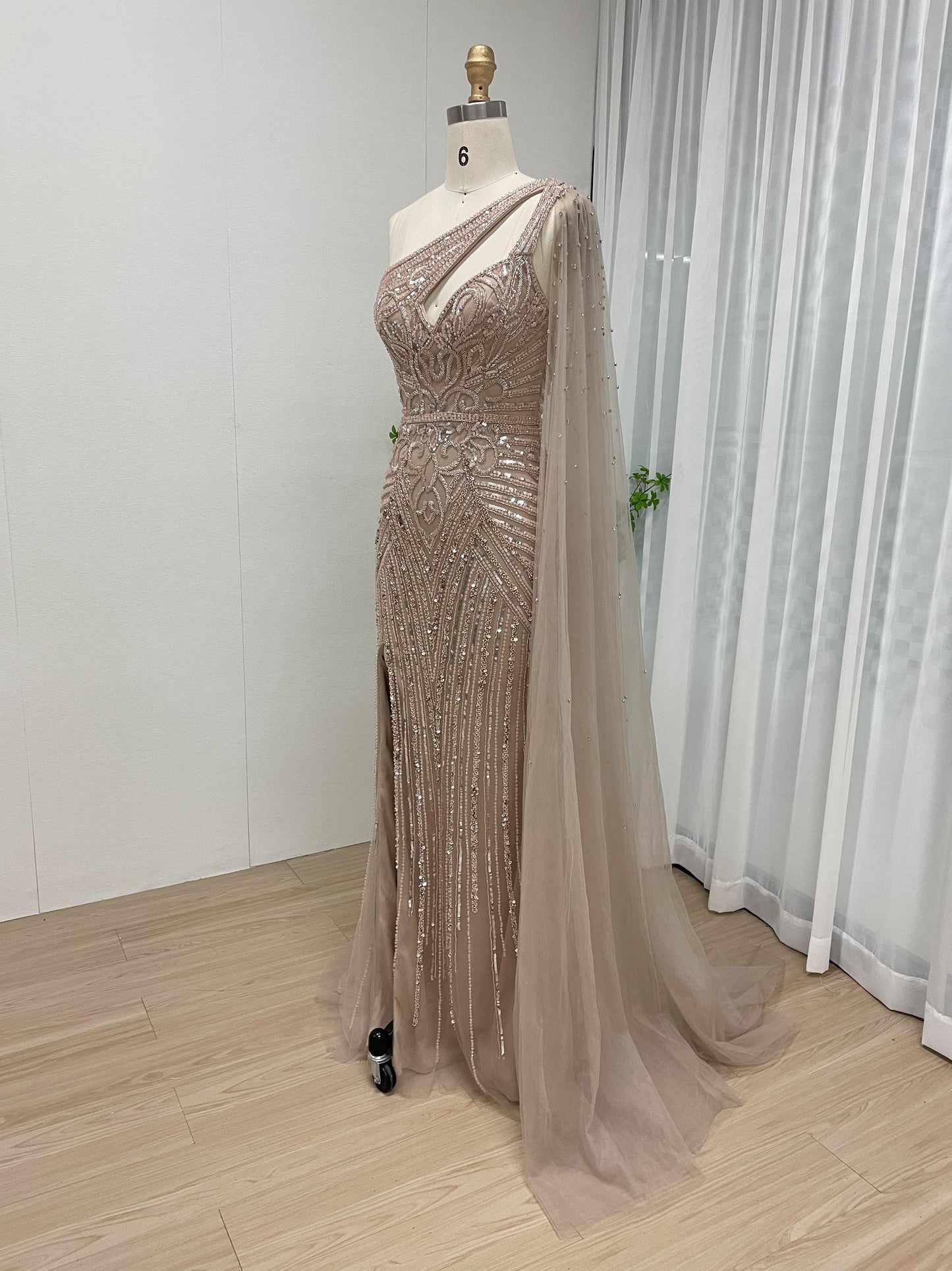 Magnificent High Split One Shoulder Couture Beading Evening Dress MB40152