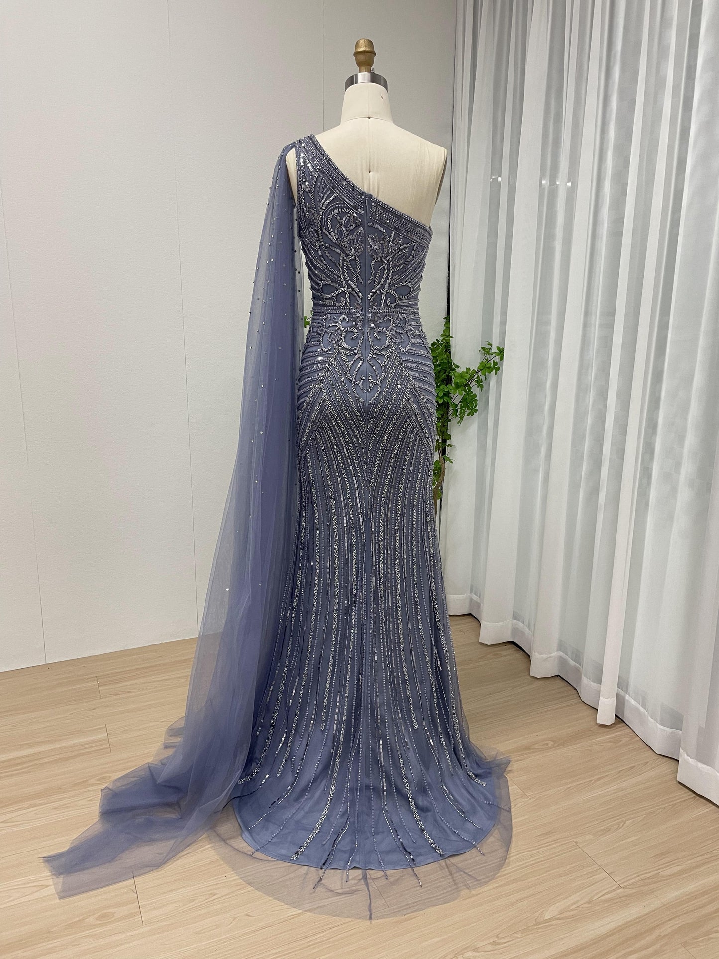 Magnificent High Split One Shoulder Couture Beading Evening Dress MB40152