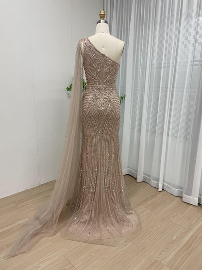 Magnificent High Split One Shoulder Couture Beading Evening Dress MB40152