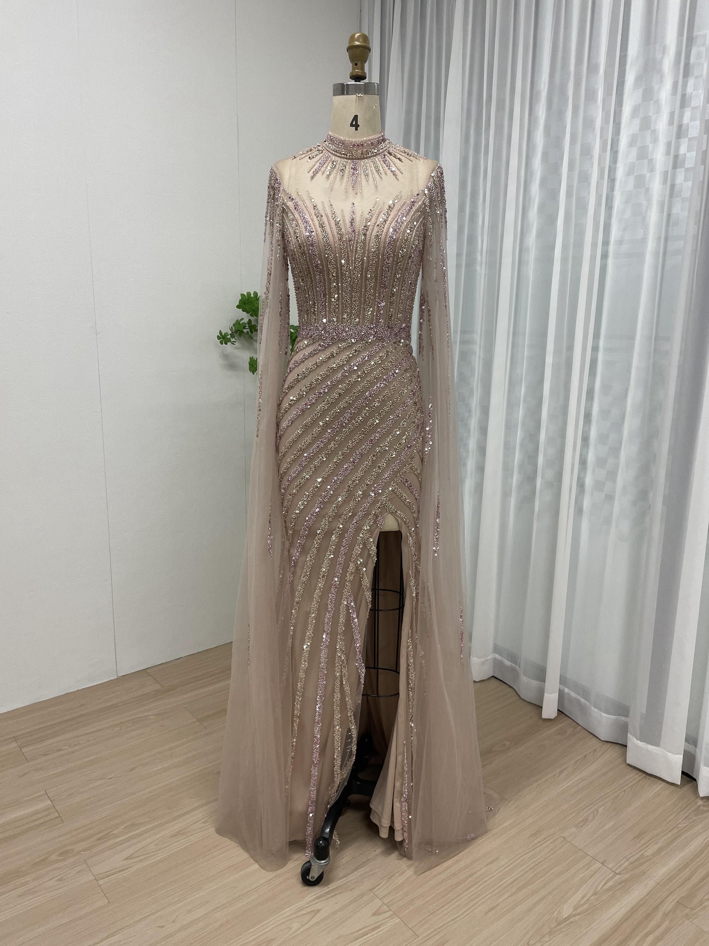 Elegant Couture Beading Cape Long Sleeve Wedding Party Evening Dress MB40153