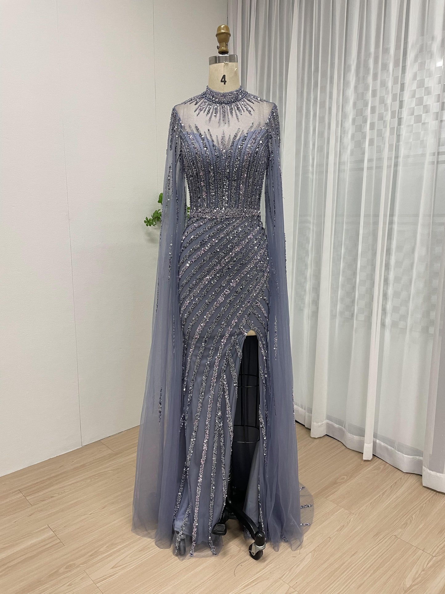 Elegant Couture Beading Cape Long Sleeve Wedding Party Evening Dress MB40153