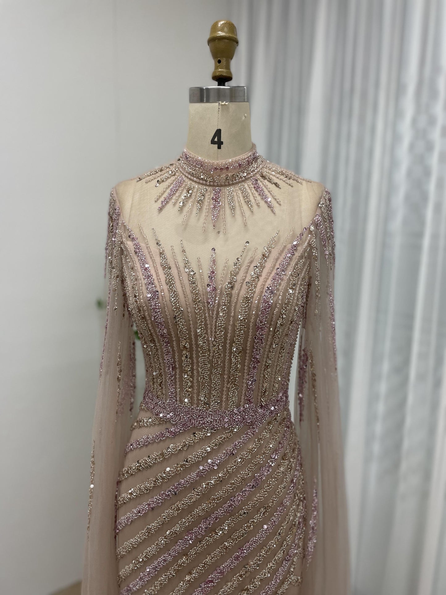 Elegant Couture Beading Cape Long Sleeve Wedding Party Evening Dress MB40153