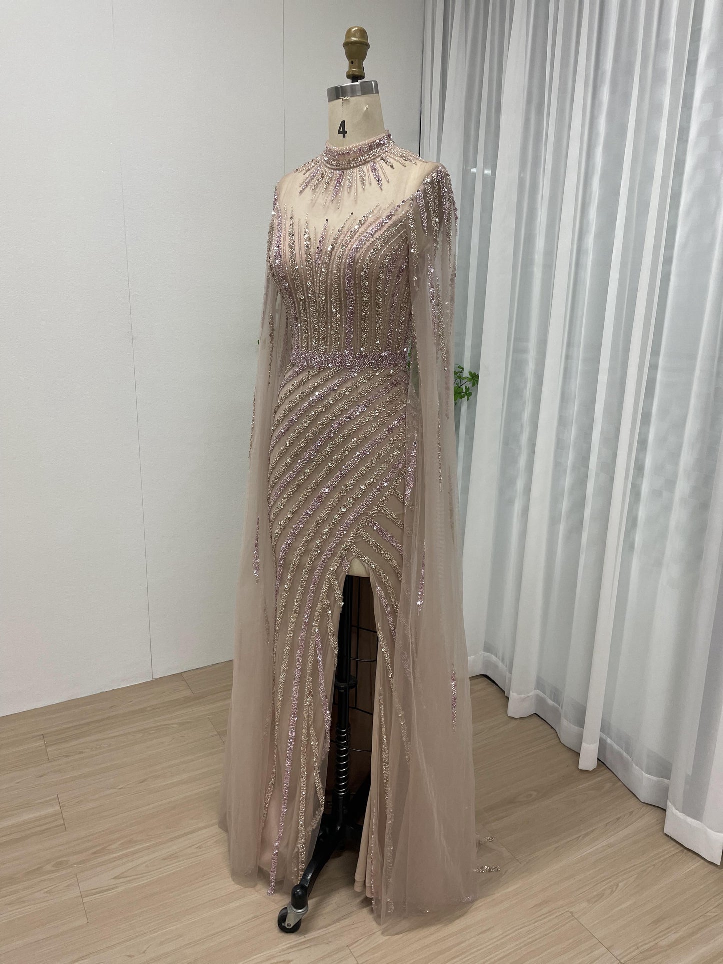 Elegant Couture Beading Cape Long Sleeve Wedding Party Evening Dress MB40153