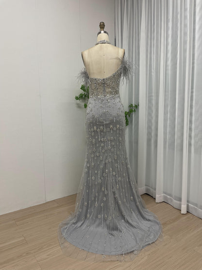 Alluring Halter Neck Beading Feather Evening Prom Dress MB40154