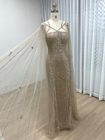 Dubai Muslim Cape Sleeves Luxury Beaded Arabic Wedding Party Gowns for Elegant Women MB40155B