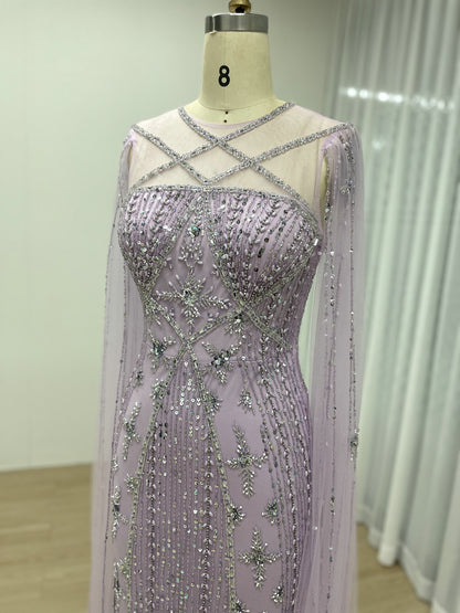 Dubai Muslim Cape Sleeves Luxury Beaded Arabic Wedding Party Gowns for Elegant Women MB40155B