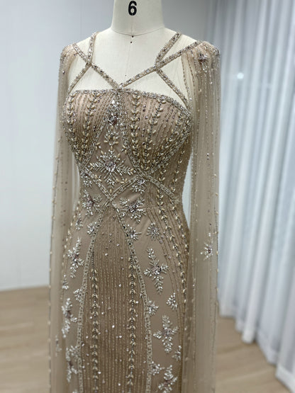 Dubai Muslim Cape Sleeves Luxury Beaded Arabic Wedding Party Gowns for Elegant Women MB40155B