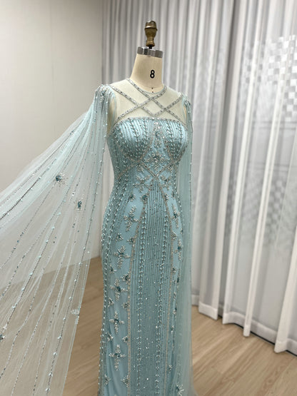 Dubai Muslim Cape Sleeves Luxury Beaded Arabic Wedding Party Gowns for Elegant Women MB40155B