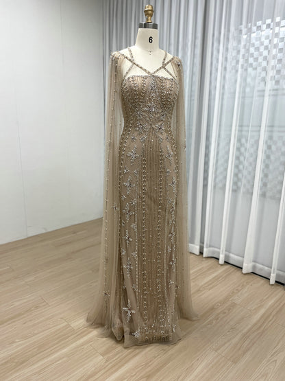 Dubai Muslim Cape Sleeves Luxury Beaded Arabic Wedding Party Gowns for Elegant Women MB40155B