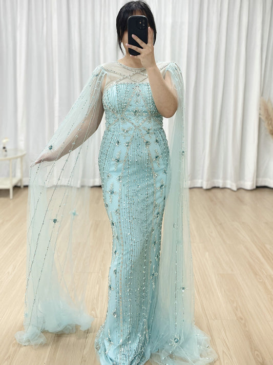 Dubai Muslim Cape Sleeves Luxury Beaded Arabic Wedding Party Gowns for Elegant Women MB40155B