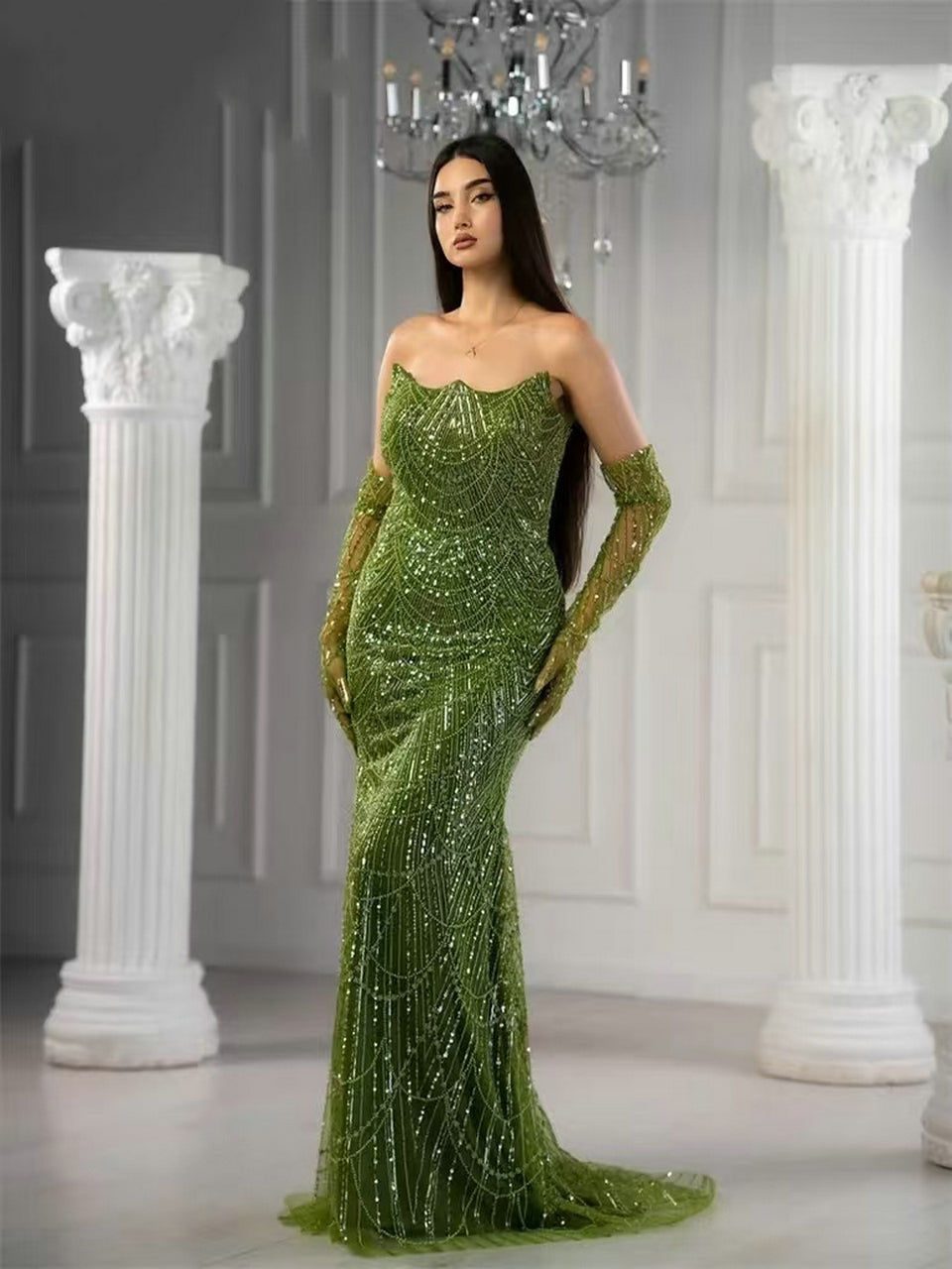 Exclusive Strapless Couture Beading Lace Evening Dress With Long Sleeve Glove MB40156