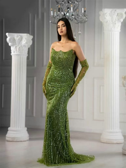 Exclusive Strapless Couture Beading Lace Evening Dress With Long Sleeve Glove MB40156