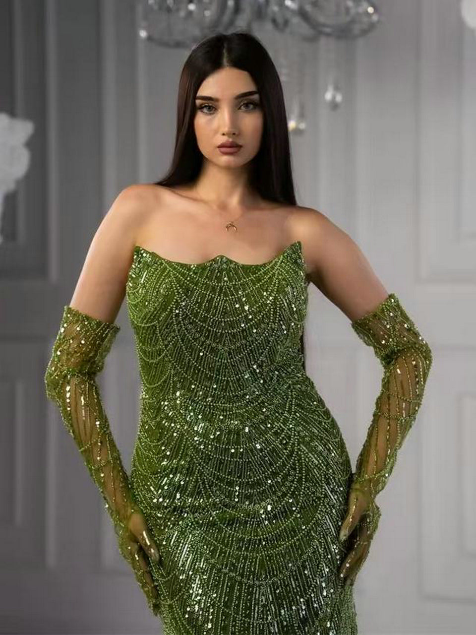 Exclusive Strapless Couture Beading Lace Evening Dress With Long Sleeve Glove MB40156