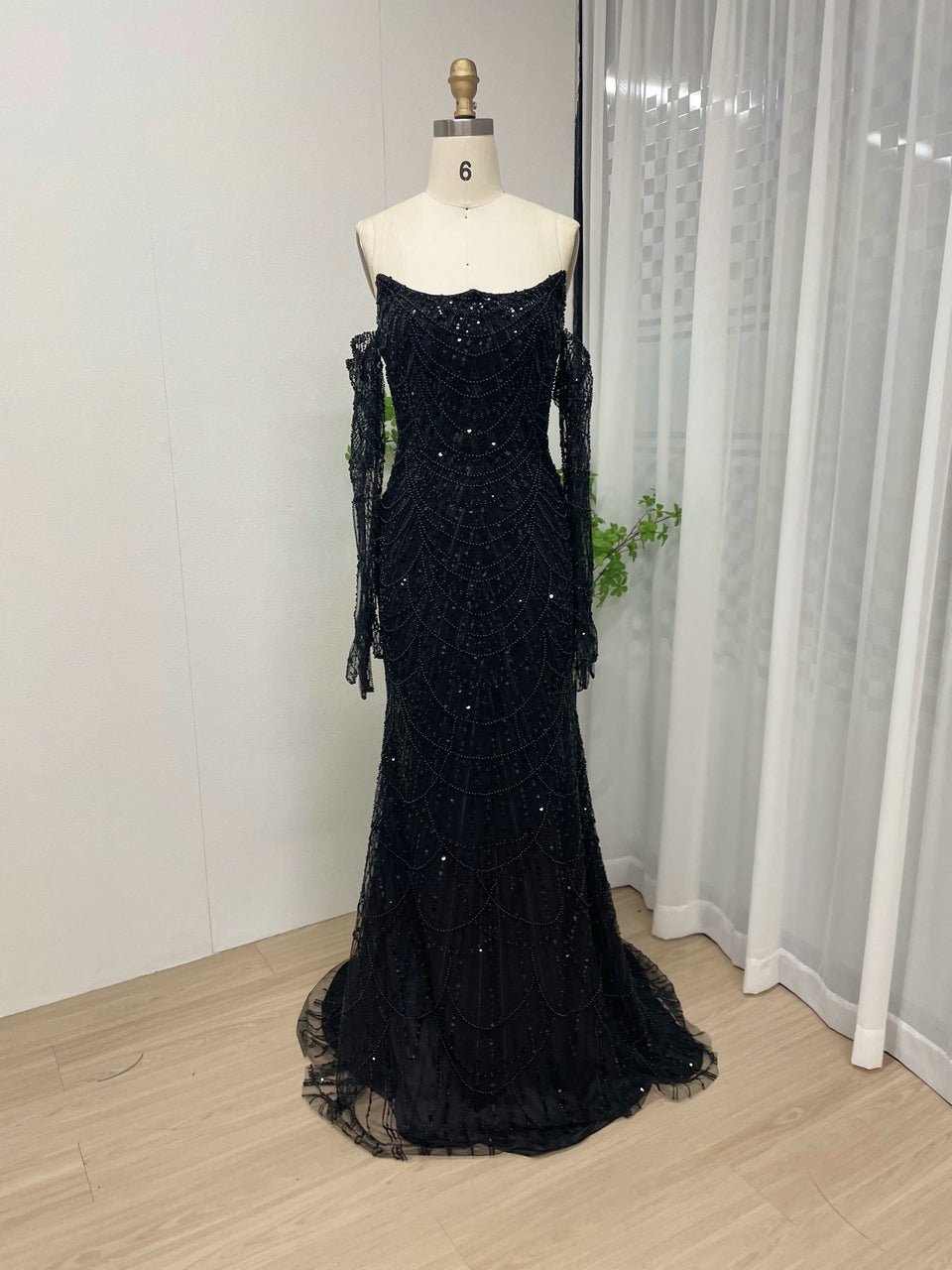 Exclusive Strapless Couture Beading Lace Evening Dress With Long Sleeve Glove MB40156