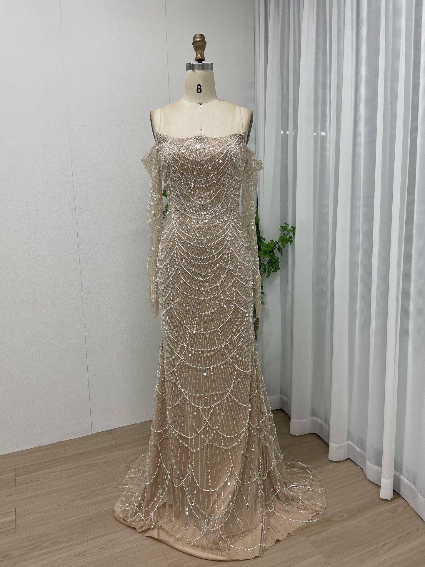 Exclusive Strapless Couture Beading Lace Evening Dress With Long Sleeve Glove MB40156