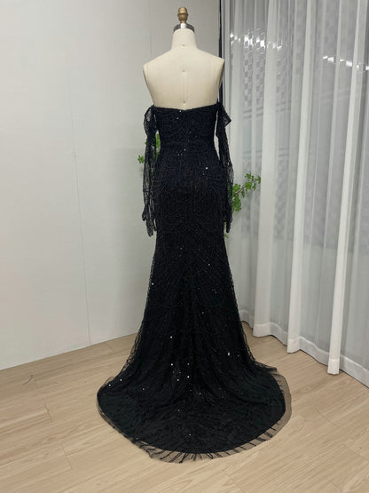 Exclusive Strapless Couture Beading Lace Evening Dress With Long Sleeve Glove MB40156