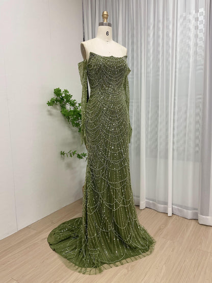 Exclusive Strapless Couture Beading Lace Evening Dress With Long Sleeve Glove MB40156