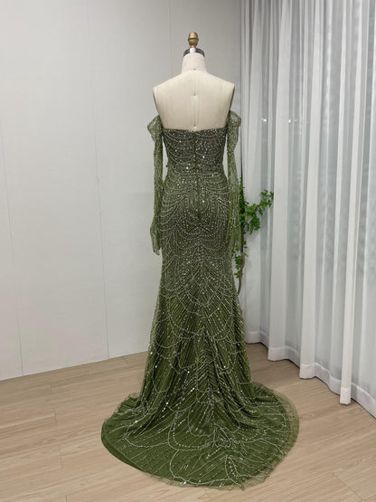 Exclusive Strapless Couture Beading Lace Evening Dress With Long Sleeve Glove MB40156