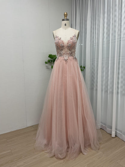 Beautiful Spaghetti Strap V Neck Beading Lace Tulle A Line Prom Dress MB40157