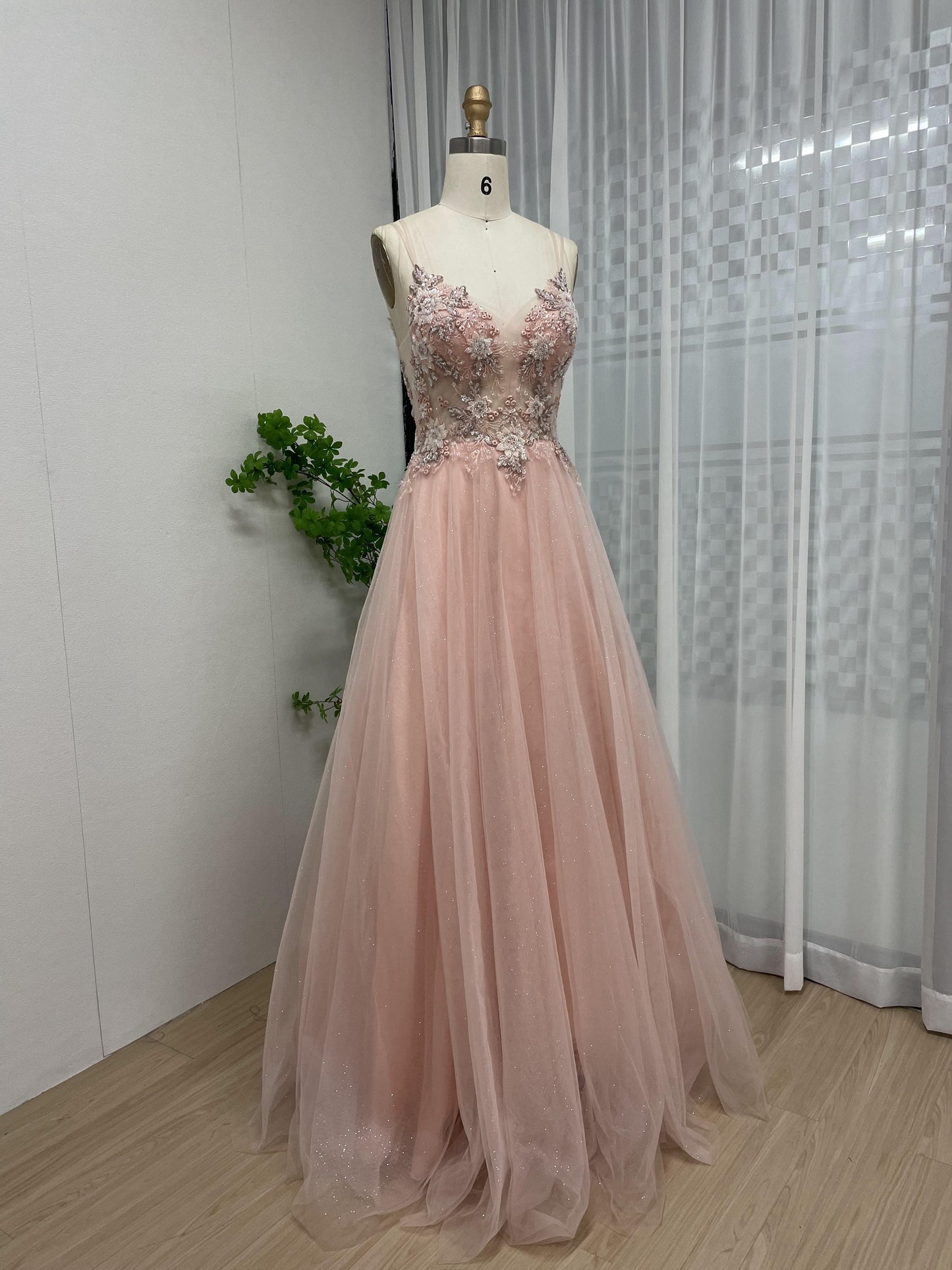 Beautiful Spaghetti Strap V Neck Beading Lace Tulle A Line Prom Dress MB40157