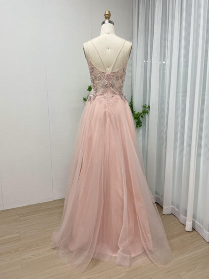 Beautiful Spaghetti Strap V Neck Beading Lace Tulle A Line Prom Dress MB40157