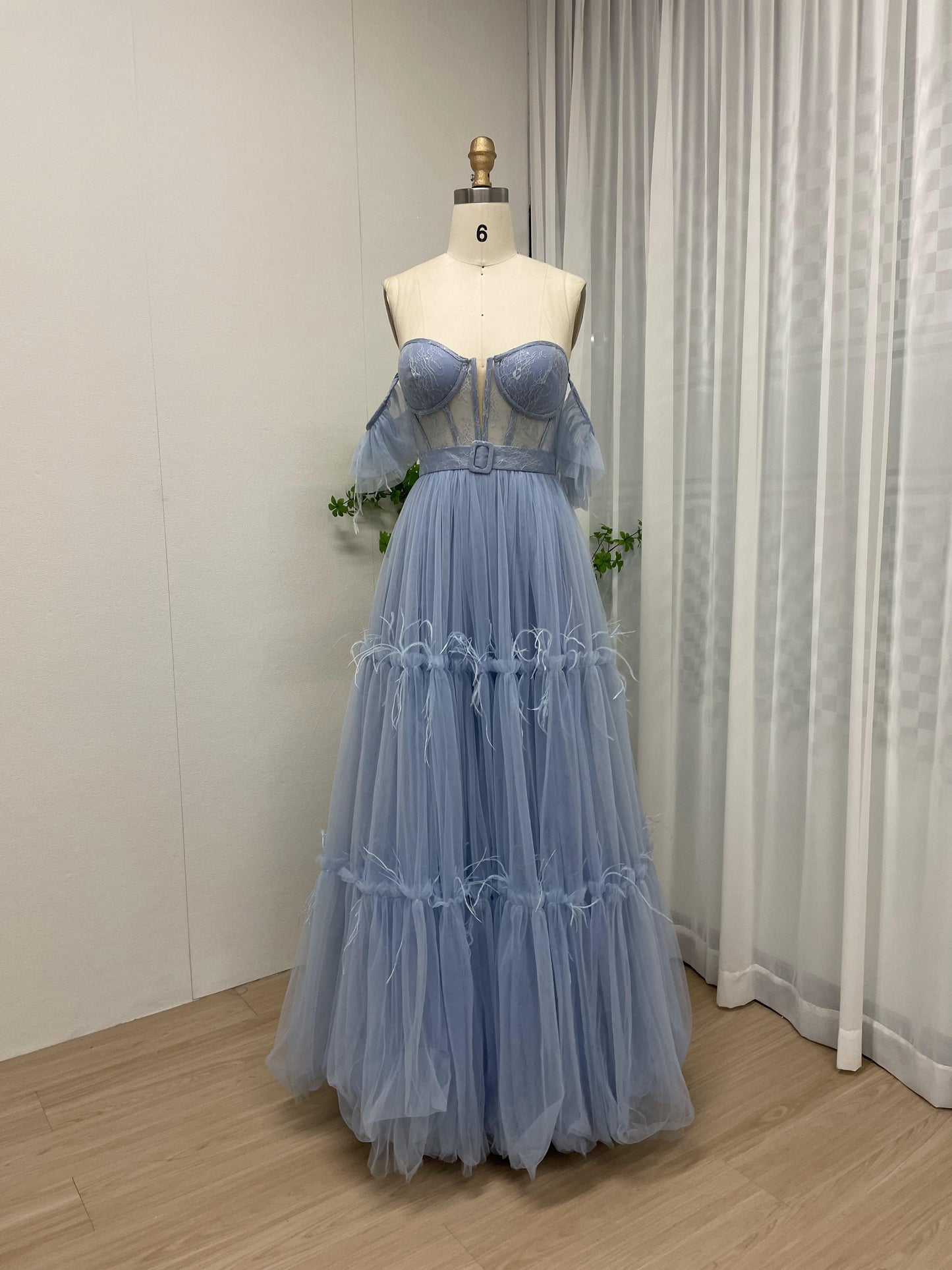 Graceful Off Shoulder Strapless Corset A Line Tulle Prom Dress MB40158