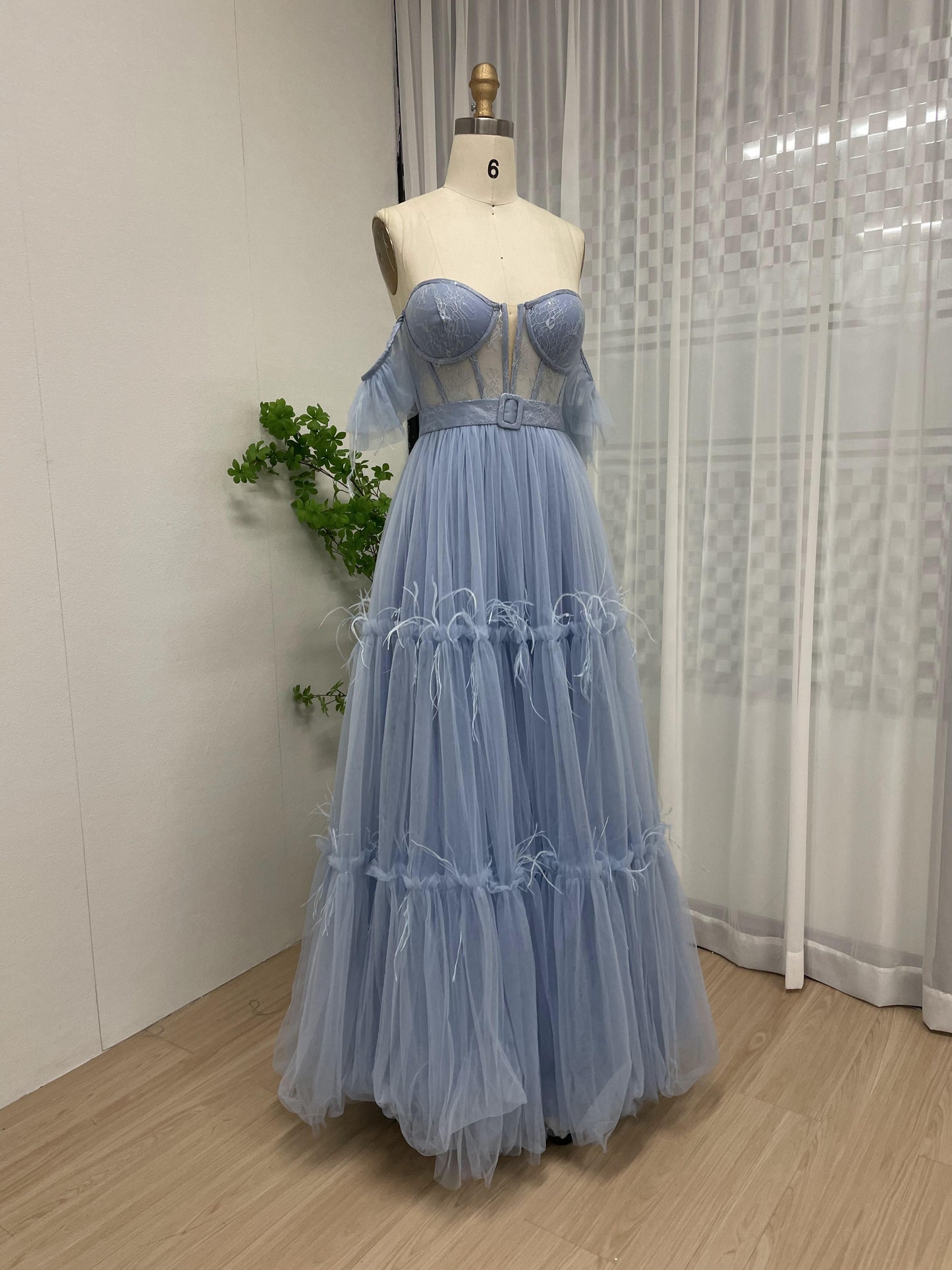 Graceful Off Shoulder Strapless Corset A Line Tulle Prom Dress MB40158