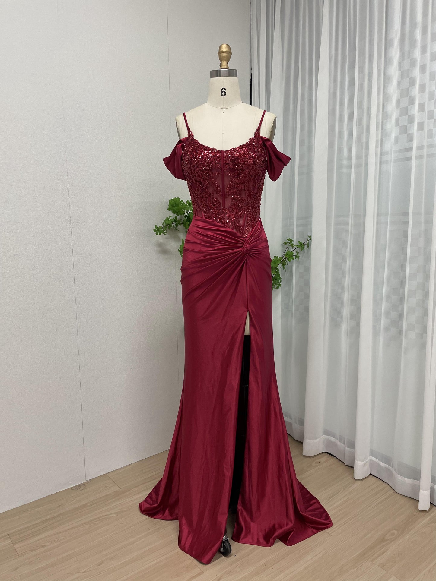 Elegant Off Shoulder Corset Lace Applique High Split Prom Dress MB40160