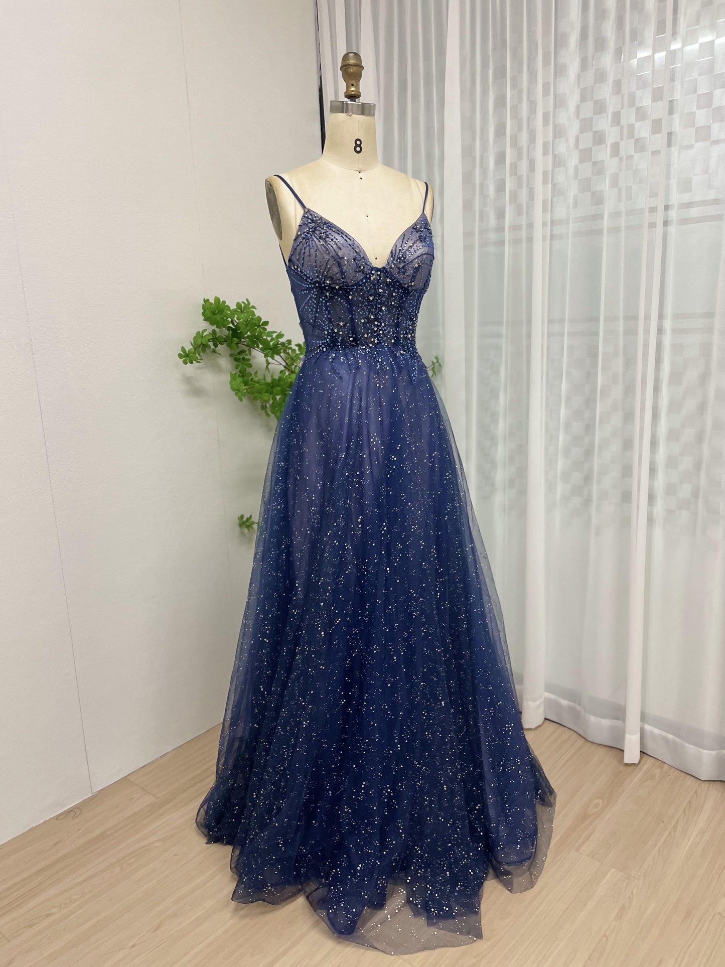 Beautiful Spaghetti Strap Backless A Line Flowy Blue Prom Dress MB40162