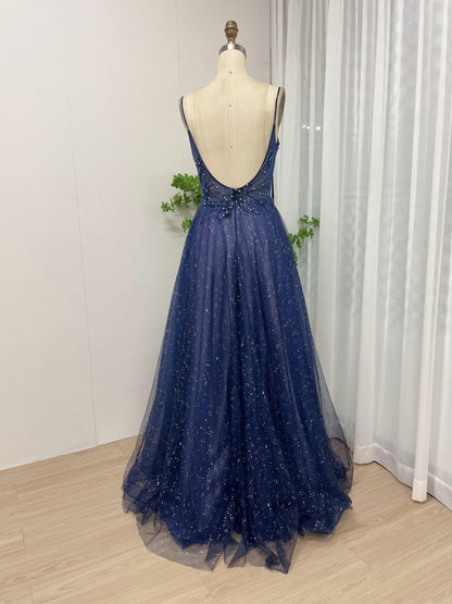 Beautiful Spaghetti Strap Backless A Line Flowy Blue Prom Dress MB40162