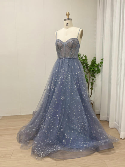 Pretty Corset Beading Strapless Blue A Line Prom Dress MB40164