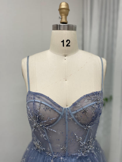 Pretty Corset Beading Strapless Blue A Line Prom Dress MB40164