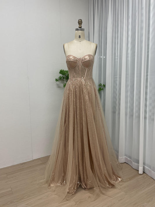 Sweetheart A Line Tulle Corset Top Birthday Party Champagne Prom Dress MB40165