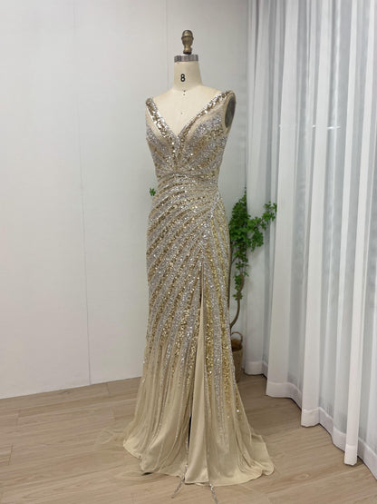 Sleeveless V Neck High Slit Bodycon Champagne Evening Dress MB40166