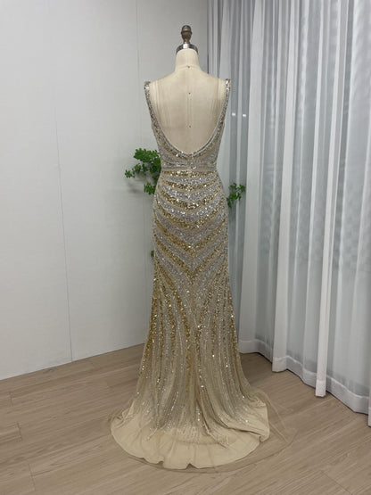 Sleeveless V Neck High Slit Bodycon Champagne Evening Dress MB40166