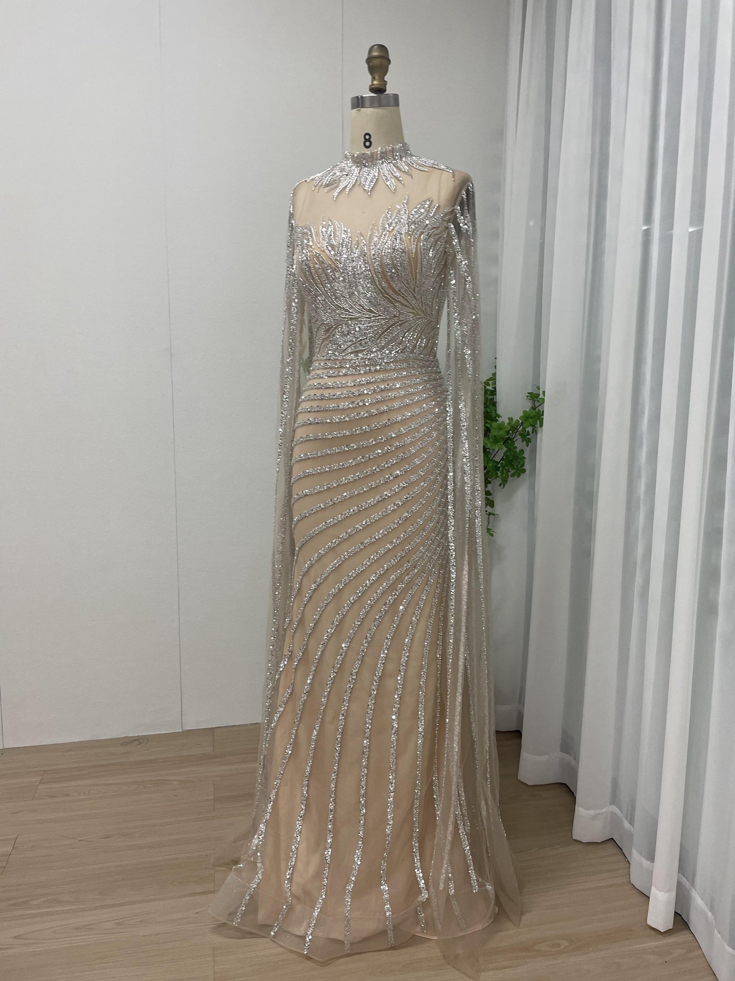 Stunning Handmade Beading Sheer Neck Cape Long Sleeve Evening Dress MB40168