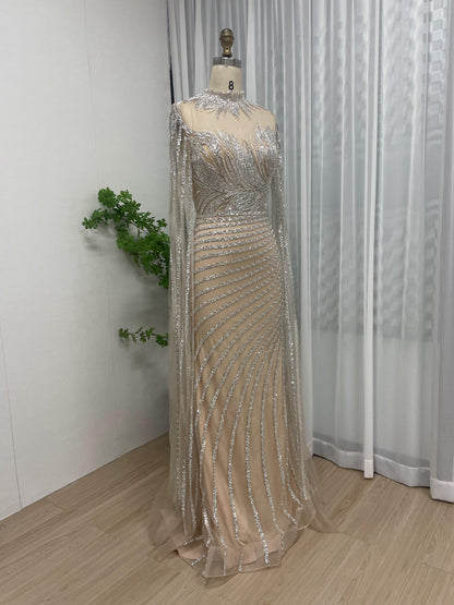 Stunning Handmade Beading Sheer Neck Cape Long Sleeve Evening Dress MB40168