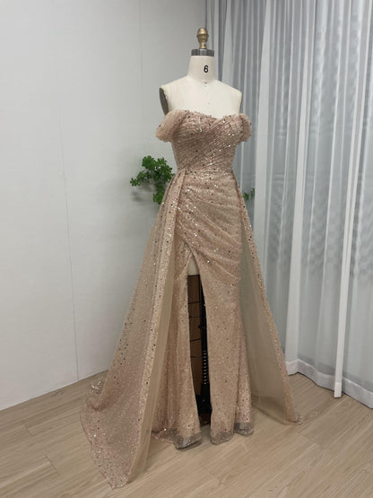 Sparkle Off Shoulder Champagne Pink Pleated Formal Dress With Overskirt MB40169