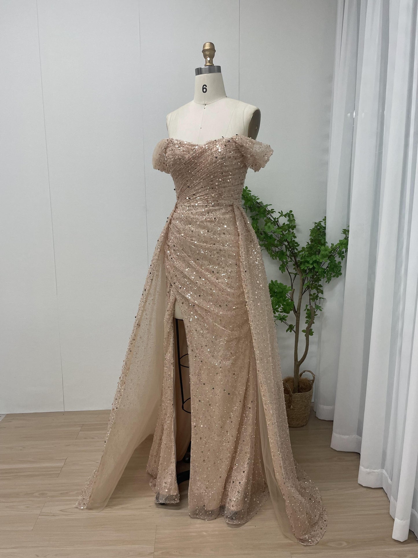 Sparkle Off Shoulder Champagne Pink Pleated Formal Dress With Overskirt MB40169