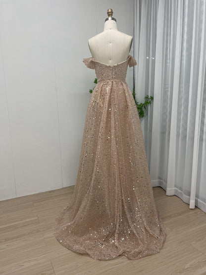 Sparkle Off Shoulder Champagne Pink Pleated Formal Dress With Overskirt MB40169