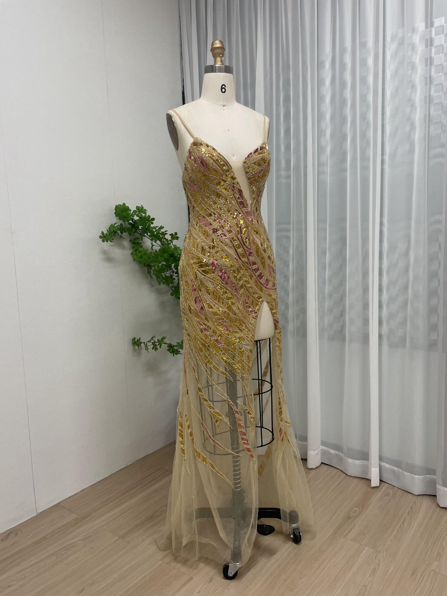 Sexy Sheer Beading Low Back High Split Gold Prom Dress MB40171