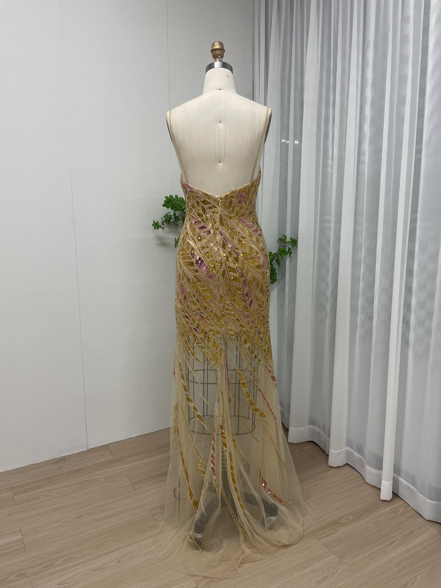 Sexy Sheer Beading Low Back High Split Gold Prom Dress MB40171