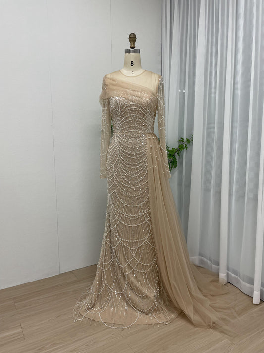 Gorgeous Ruffle Shee Neck Beading Lace Long Sleeve Champagne Evening Dress MB40172