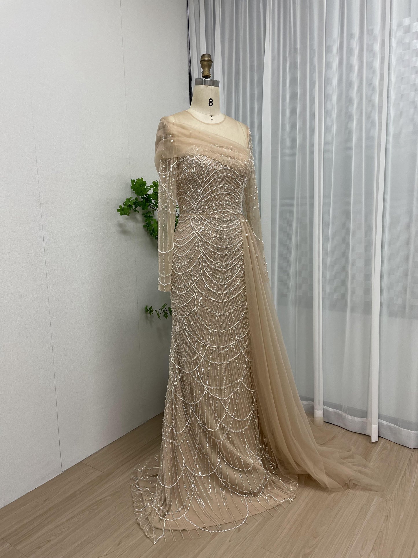 Gorgeous Ruffle Shee Neck Beading Lace Long Sleeve Champagne Evening Dress MB40172