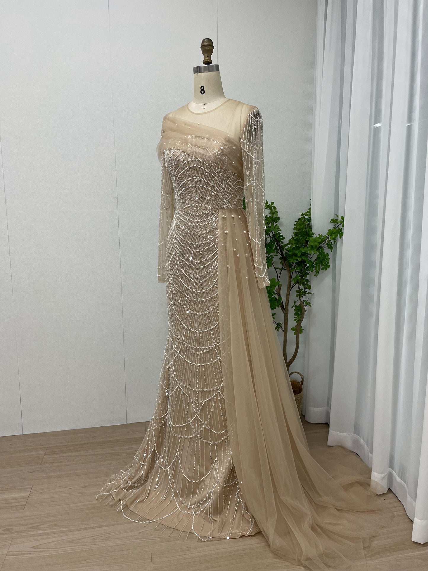 Gorgeous Ruffle Shee Neck Beading Lace Long Sleeve Champagne Evening Dress MB40172