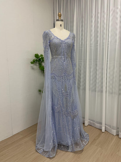 Stunning Couture Beading Lace Cape Long Sleeve Plus Size Evening Dress MB40175