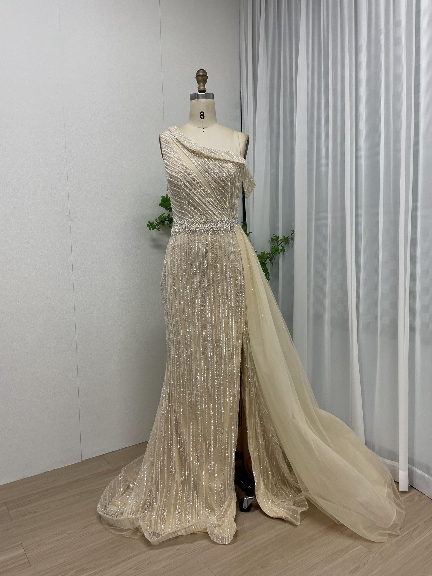 Elegant One Shoulder Sheer Beading Lace Champagne Formal Evening Gown MB40176